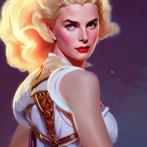 Prompt: Blonde Grace Kelly as She-Ra, western, D&D, fantasy, intricate, elegant, highly detailed, digital painting, artstation, concept art, matte, sharp focus, illustration, art by Artgerm and Greg Rutkowski and Alphonse Mucha