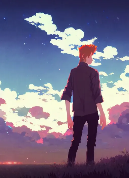 Image similar to portrait of david bowie, cloudy sky background lush landscape illustration concept art anime key visual trending pixiv fanbox by wlop and greg rutkowski and makoto shinkai and studio ghibli