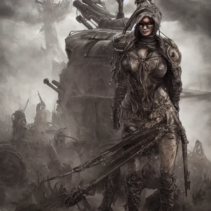 Image similar to beautiful apocalyptic woman in hooded cloak, standing on mad max panzer tank, hyper-detailed, smooth, sharp focus, 4k ultra hd, fantasy dark art, tank girl, artgerm, artstation, octane render, elegant, detailed digital painting, apocalyptic art