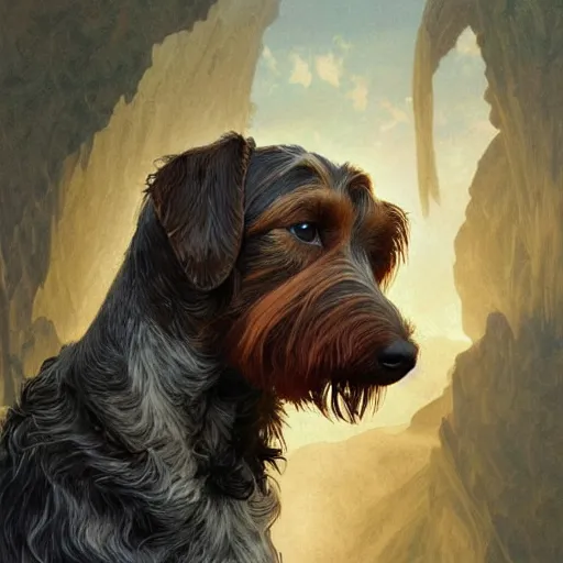 Image similar to portrait of a rugged wirehaired dachshung, salt and pepper hair, soft hair, d & d, muscular, fantasy, intricate, elegant, highly detailed, digital painting, artstation, concept art, smooth, sharp focus, illustration, art by artgerm and greg rutkowski and alphonse mucha