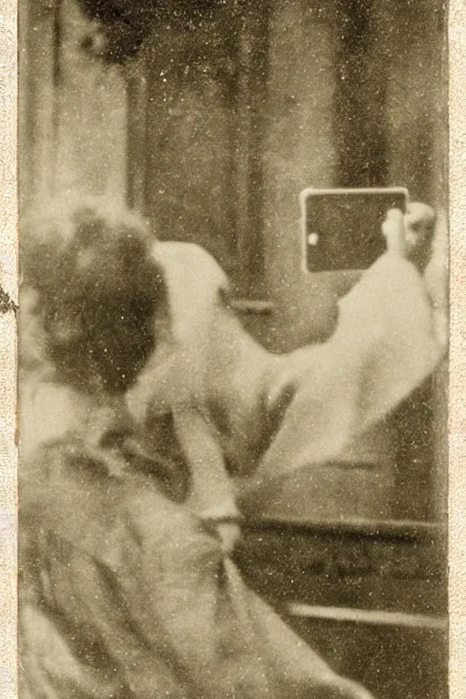 Image similar to 1 9 0 0 s photo of a person taking a selfie with an iphone photo grain double scratches dust exposure masterpiece