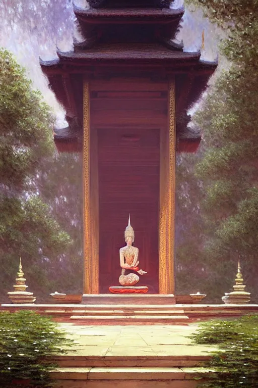 Image similar to temple, buddhism, impressionnisme, painting by greg rutkowski, artgerm, claude monet