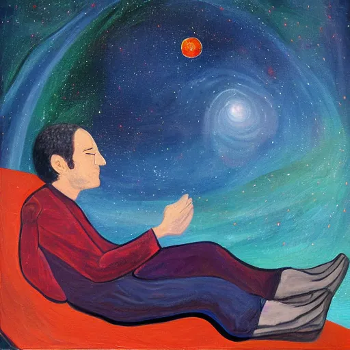 Image similar to painting of a peaceful man relaxing in the cosmos by David Normal, David Normal,