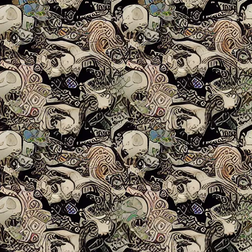 Image similar to anime manga pattern of birds and skulls spiral illustration style by Alphonse Mucha and comic pop art nouveau