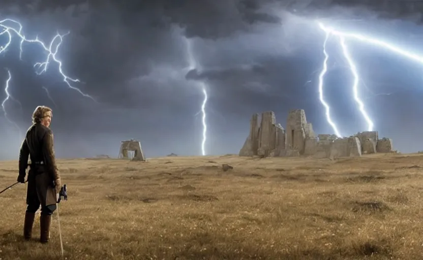 Image similar to screenshot portrait of Luke Skywalker in a windy lightning battlefield with scattered ruins of a fiery jedi rock temple, surrounded by giant AT-AT walkers, with young jedi army behind him, iconic scene from 1970s film by Stanley Kubrick, last jedi, 4k HD, cinematic lighting, beautiful portrait of Mark Hammill, moody scene, stunning cinematography, mcu effects, anamorphic lenses, kodak color film stock