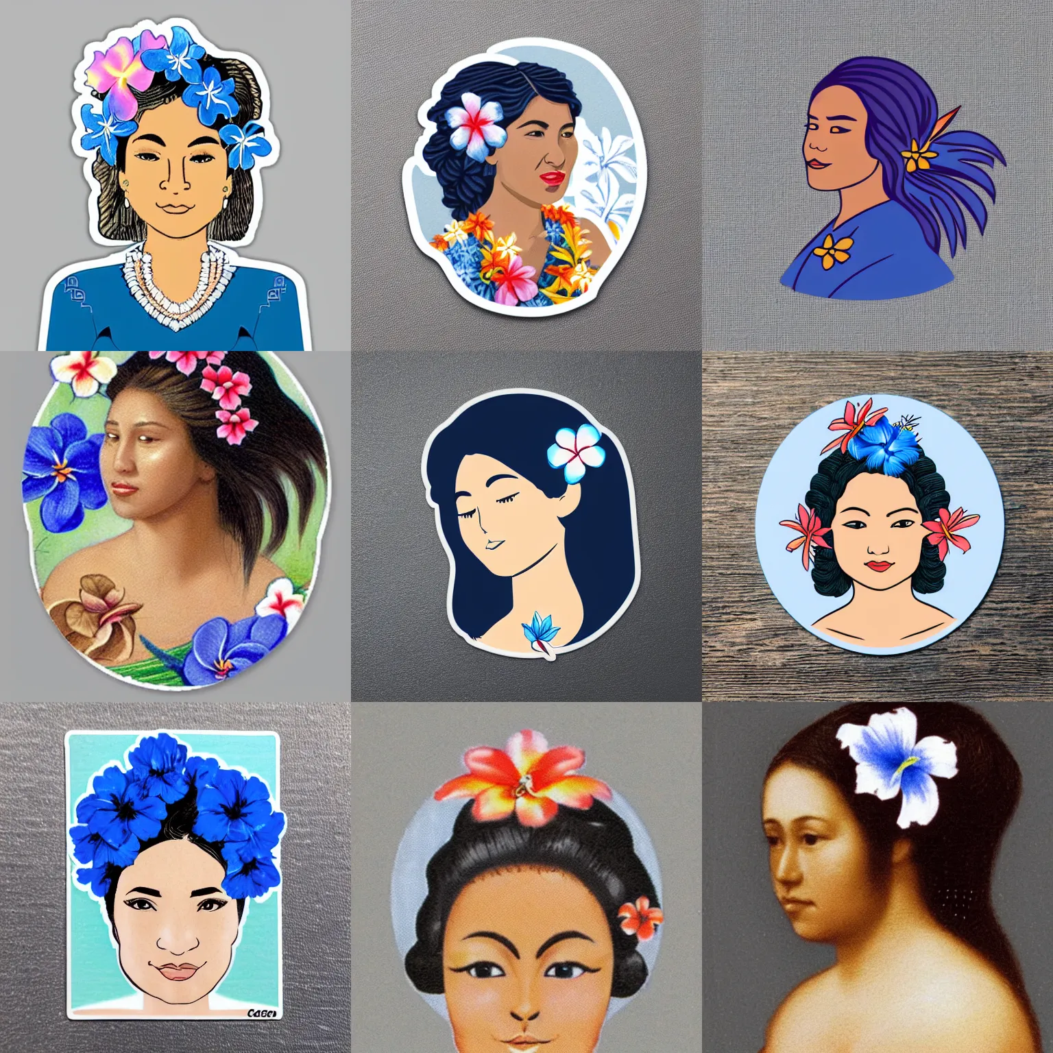 Prompt: catroon sticker of hawaiian woman with blue flower in her hair with white border on gray background