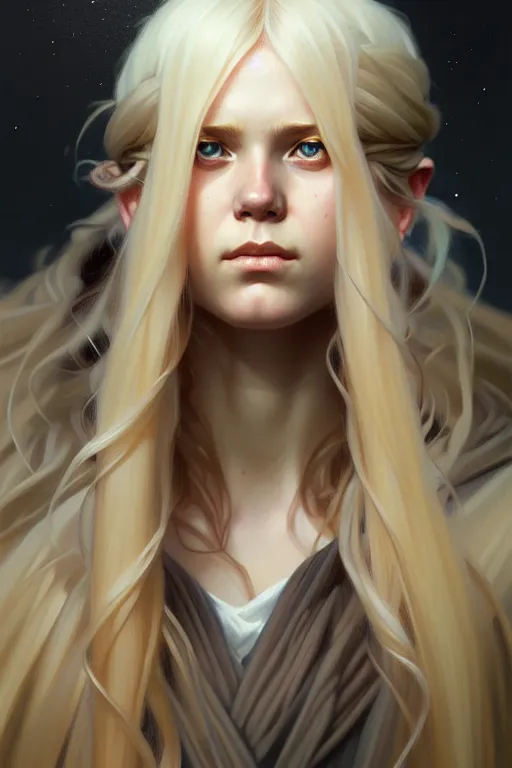 Prompt: Close-up portrait of young nordic girl, long blonde hair, dark fantasy, portrait, highly detailed, digital painting, artstation, concept art, sharp focus, illustration, art by artgerm and greg rutkowski and alphonse mucha