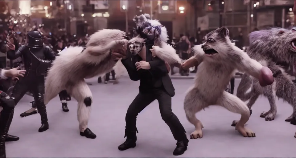 Prompt: nicolas cage beating up furry cosplayers, 4 k, octane render, choreographed fight scene, composition, shot by director park chan - wook