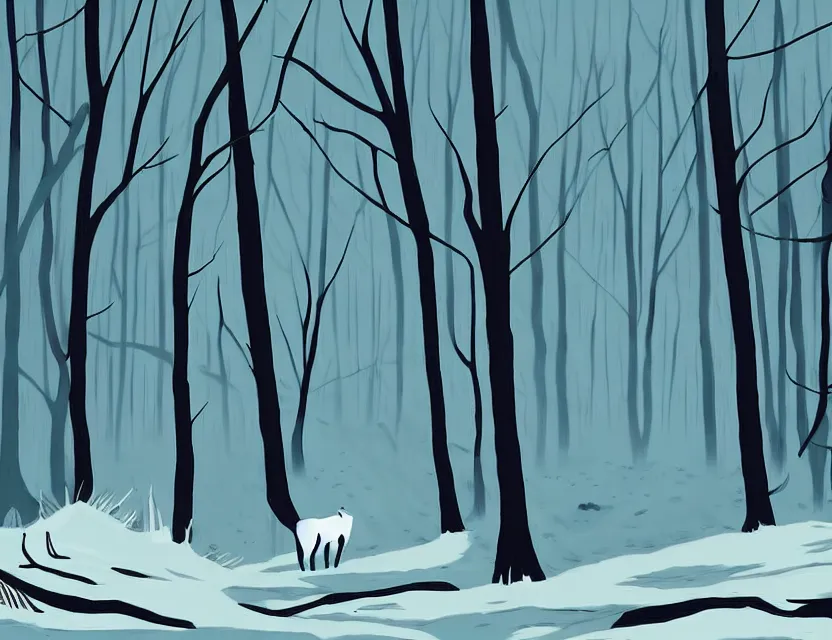 Prompt: supernatural animal spirit in the winter woods. limited palette, western 2 d animation from the 2 0 1 0 s, backlighting, bold composition, depth of field.