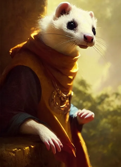 Image similar to a beautiful close - up shot from a fantasy film of an anthropomorphic ferret with bright golden eyes wearing a loose tunic. joseph ducreux, greg rutkowski.