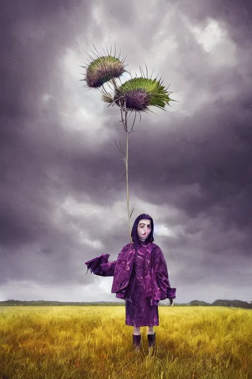 Image similar to portrait, enormous thistle flower under head, a girl in a coat in field, surreal photography, wind, cloudy sky, dramatic light, impressionist painting, digital painting, artstation, simon stalenhag