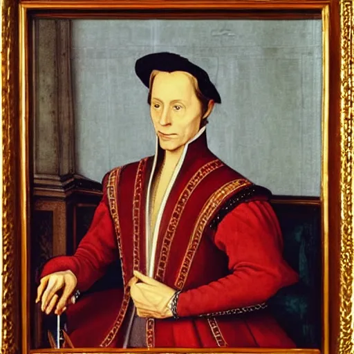 Image similar to a highly detailed portrait of miles edgeworth from ace attorney, inside a room with thick red tapestries, oil painting by hans holbein and alessandro allori and richard burbage