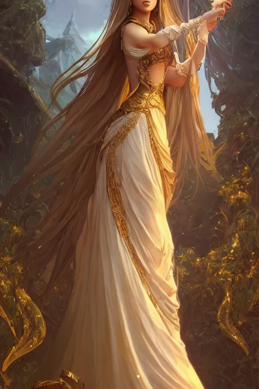 Image similar to beautiful female princess, long dress, full body shot, long hair, d & d, fantasy, intricate, elegant, golden trims, highly detailed, digital painting, artstation, concept art, matte, sharp focus, illustration, hearthstone, art by artgerm and greg rutkowski and alphonse mucha