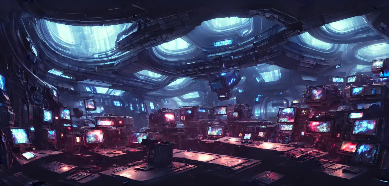 Image similar to a hyper detailed octane render concept art by xision wu, kerem beyit, sandara tang portrait of cyberpunk panel control spaceship room, dim lighting, detailed portraits, unreal engine 5, highly rendered, digital painting, hyper realistic, photo realistic, artstation, concept art, smooth, sharp focus perfect horizontal, symmetry illustration, detailed and intricate environment artstation hq