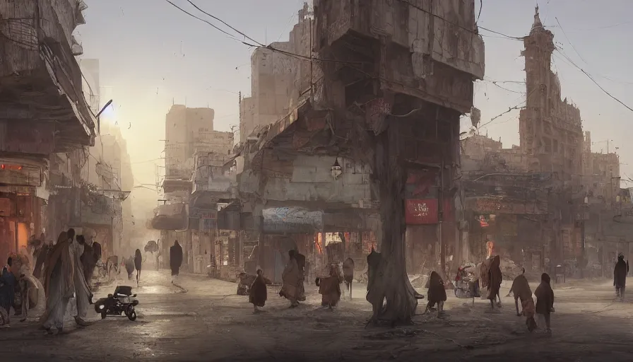 Image similar to jeddah city street, roshan, shops, a bright pharmacy, a nomad wearing a worn out coat, plants, old tree, kids, dramatic lighting fantasy, sci fi, by caspar david friedrich by james gilleard and justin gerard, centered, artstation, smooth, sharp focus, photoreal octane render, by jean baptiste monge, gustave dore, deviantart