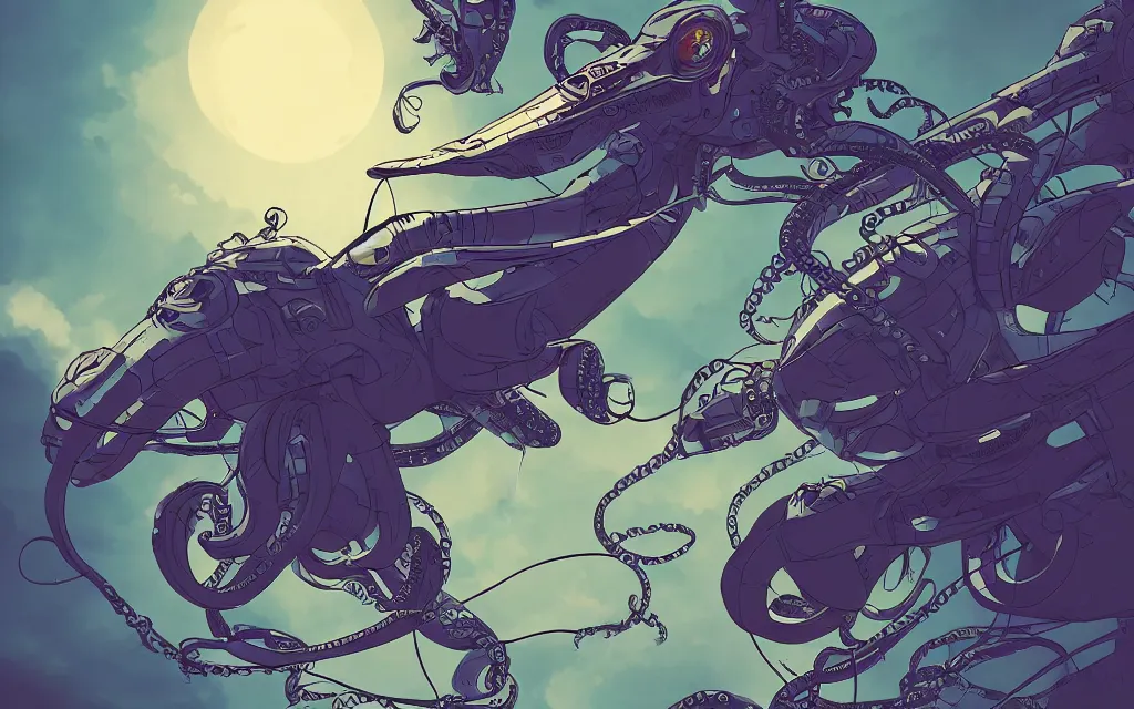 Image similar to robotic flying octopus, in the style of ilya kuvshinov and laurie greasley, dynamic composition, dramatic lighting, ultra detailed, nitro colors