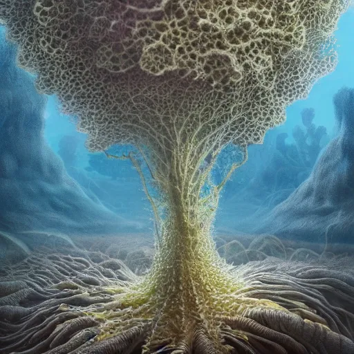 Prompt: a beautiful detailed matte painting of seaweed growing out of strange Xanthic mushrooms, pattern, fractals, moebius, trending on artstation