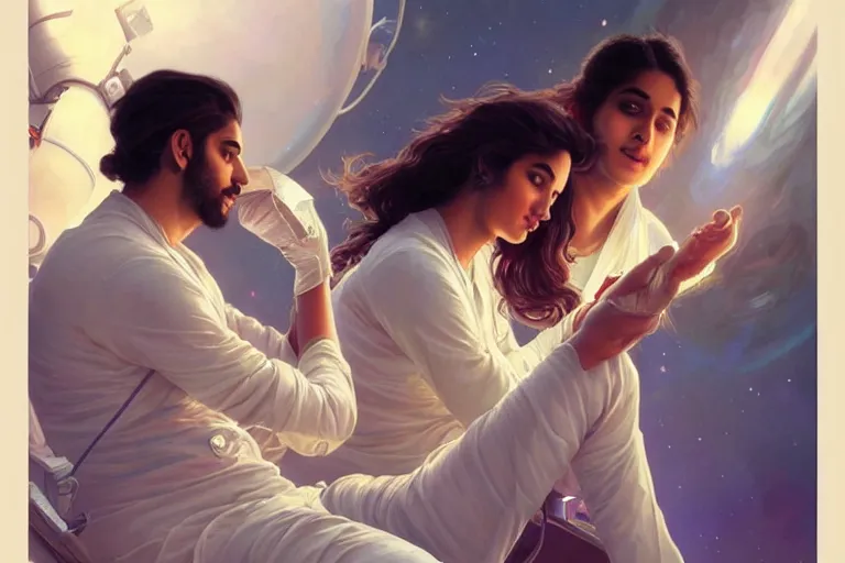 Prompt: Sensual good looking pale young Indian doctors wearing jeans floating in a space station above Earth performing surgery, portrait, elegant, intricate, digital painting, artstation, concept art, smooth, sharp focus, illustration, art by artgerm and greg rutkowski and alphonse mucha