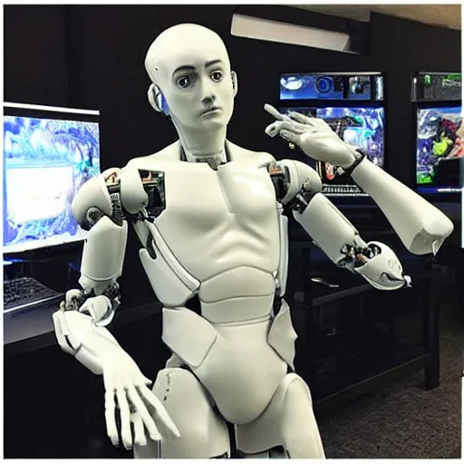 Image similar to “a realistic detailed photo of a guy who is an attractive humanoid who is half robot and half humanoid, who is a male android, twitch streamer Ninja Tyler Blevins, shiny skin, posing like a statue, blank stare, gaming tournament”