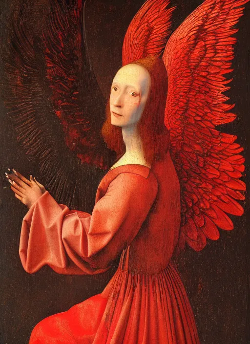 Image similar to profile of a fallen angel dressed in red with wings by Jan van Eyck, Hieronymus Bosch, Johannes Vermeer 4k post-processing, highly detailed medieval painting