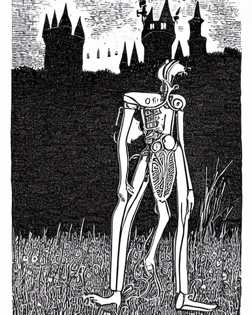Prompt: an illustration of a haunted anamatronic, full body, standing in a field, castle in the background, pen-and-ink illustration, etching, by Russ Nicholson, DAvid A Trampier, larry elmore, 1981, HQ scan, intricate details