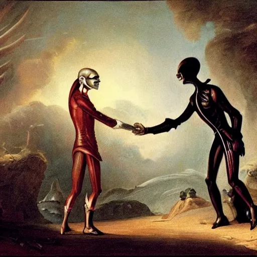 Prompt: an alien shaking hands with a human in the year 1792