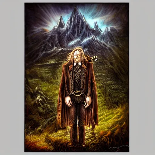 Image similar to steampunk ent man from lord of the rings, fantasy, high detail, realistic, pastel, complex psychadelic patterns, dark, magical natural mountainous background with setting sun, smoke in sky