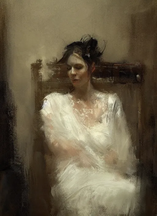 Image similar to portrait painting of a woman posing in an artistic over a bed, white lace sheets by jeremy mann, only one head single portrait