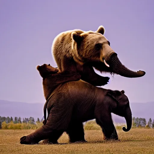 Prompt: A professional photo of a bear and an elephant dancing