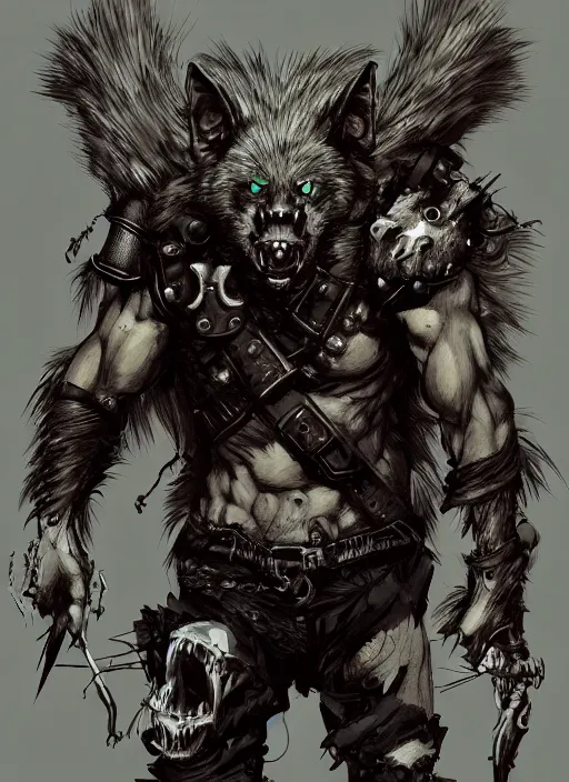 Image similar to Half body portrait of a scary gnoll wolf man with human and animal skulls as attire. In style of Yoji Shinkawa and Hyung-tae Kim, trending on ArtStation, dark fantasy, great composition, concept art, highly detailed.