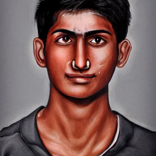 Image similar to close - up portrait photograph of a large teenage indian male with black eyes, a big mouth, a messy stubble and short touselled black hair, highly detailed, anatomically correct features,