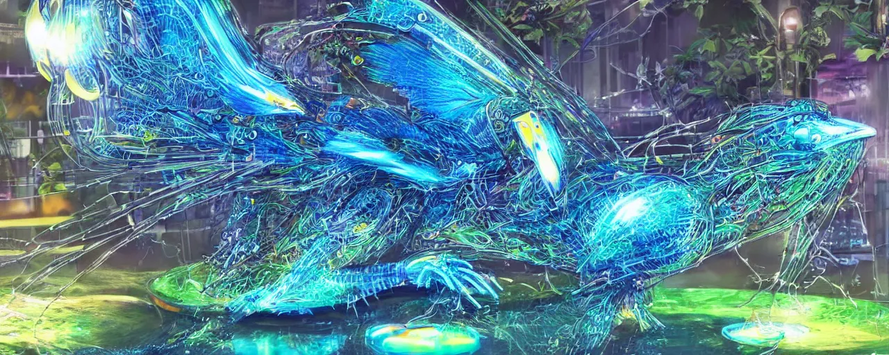 Image similar to cybernetic electric neon kingfisher close to a robotic bio organic pond full of compostables wires and bio degradable objects. Hyper realistic, hyper detailed.