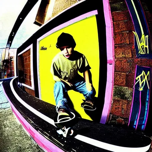 Prompt: y 2 k poster, fisheye photo of skateboard, street wear 2 0 0 0 s y 2 k