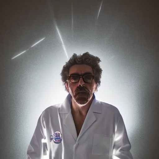 Image similar to portrait of rick sanchez, lab coat and tee shirt, lens flare, atmosphere, glow, detailed, intricate, full of colour, cinematic lighting, 4 k, hyperrealistic, focused, extreme details, cinematic, masterpiece