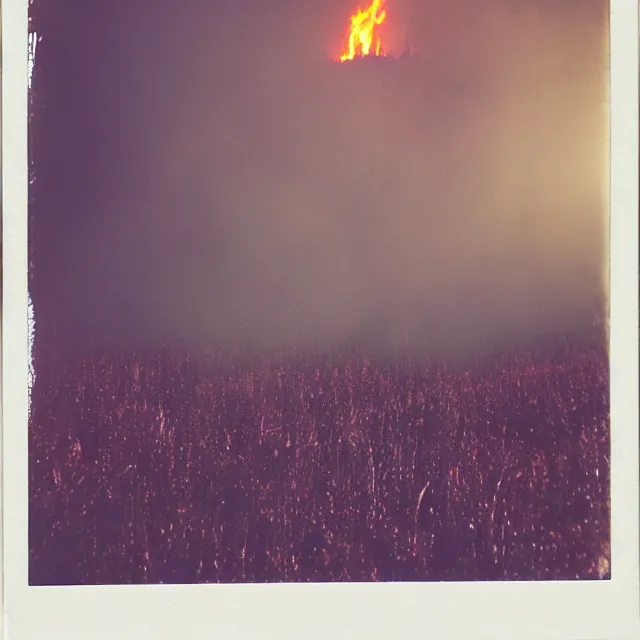 Prompt: field of cannabis burning on fire at night, forest fire, polaroid