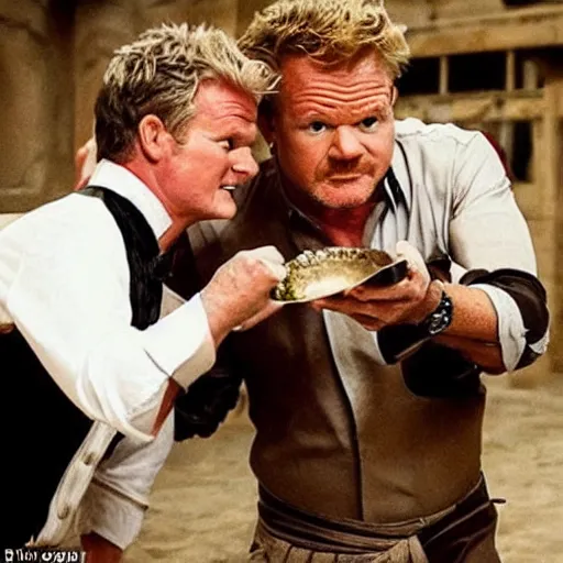 Image similar to candid shot of gordon ramsey is indiana jones finding the lamb sauce, indiana jones