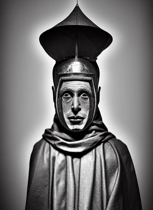 Prompt: realistic photo portrait of a a scientist ritual monk medieval clerical sculpture cone hat helmet made of wood, with plastic details detailed, covered in tesla electricity laser beam aura, sci - fi, greyscale 1 9 9 0, life magazine photo, natural colors,