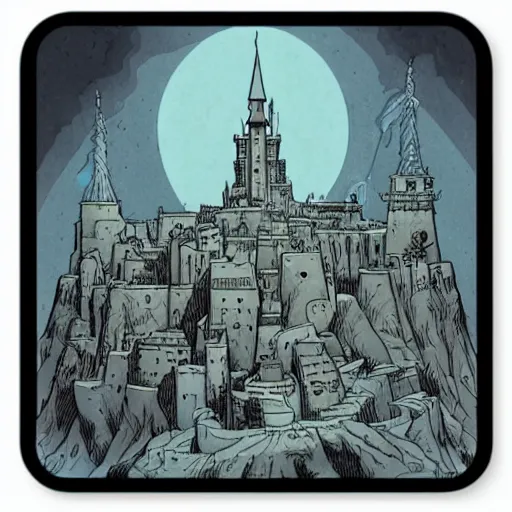 Prompt: square sticker of minas tirith by Joe fenton and Mike mignola