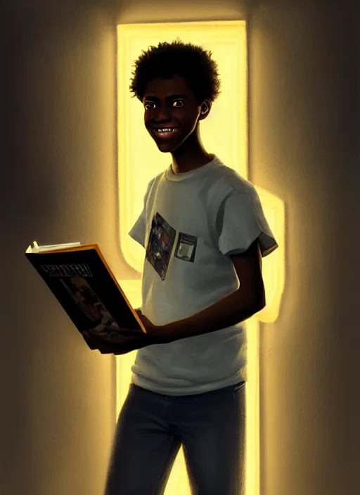 Image similar to portrait of teenage chuck clayton, black teenage boy, short curly hair, short hair square jaw, slight excited smile, reading a comic book, intricate, elegant, glowing lights, highly detailed, digital painting, artstation, concept art, smooth, sharp focus, illustration, art by wlop, mars ravelo and greg rutkowski