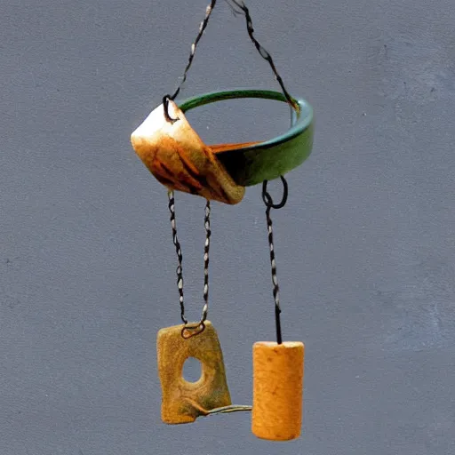 Image similar to This is a sketch of a wind chime made from the pieces of a broken mug. It shows the mug handle as the top piece with strings attached to it, and the bottom pieces of the mug hanging down like little bells, sketch, illustration