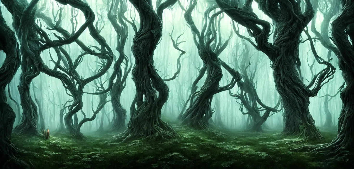 Prompt: scary fairy tale mystical forest twisted creepy trees magical forest landscape artwork trees near the path amazing nature, surreal, dreamlike, lucid dream, very detailed, perfect lighting, perfect composition, 4 k, artgerm, derek zabrocki, greg rutkowski