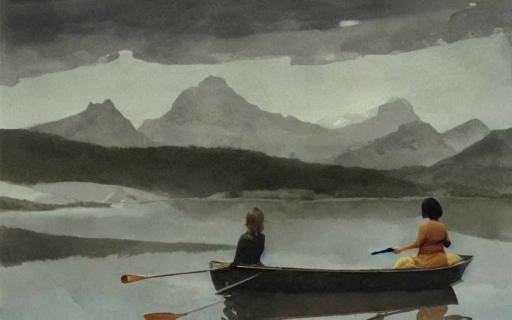 Image similar to “ a girl sitting in canoe on a river drinking beer, mountains in fog background, by andrew wyeth ”