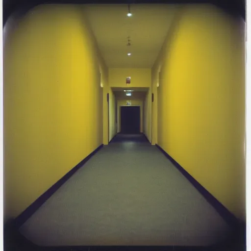 Image similar to polaroid photo of backrooms liminal space with yellow walls and yellow carpet dark, moody, scary