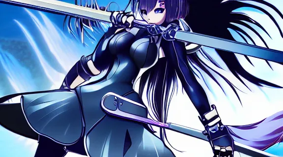 Image similar to Anime Screenshot of a Nier 2B HOLDING A KATANA | Moonlit Night | strong blue rimlit | visual-key | anime illustration BY STUDIO TRIGGER | highly detailed