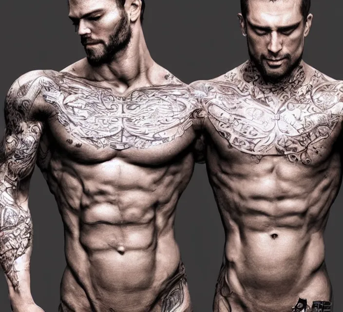 Prompt: photorealistic Portrait of frontal standing pose torso of a very attractive muscular man that looks like a romance book cover, heavily tattoed. All his skin is covered by elvish symbols and letters. Intricate, concept art, magic lighting overlays, magical portal opened, D&D!, fantasy style, sharp focus!, ultra detailed, art by Artgerm and Peter Andrew Jones, WLUP, Magali Villeneuve