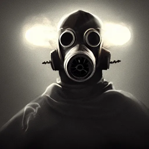 Image similar to hooden villain wearing a gas mask with smoke coming out of his body, dark background, unreal engine 5, ultra realistic, detailed, fog, by greg rutkowski