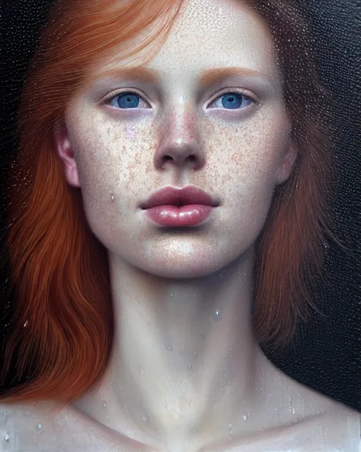 Image similar to portrait of an ethereal ginger beauty in the rain, wet freckles, by mary jane ansell