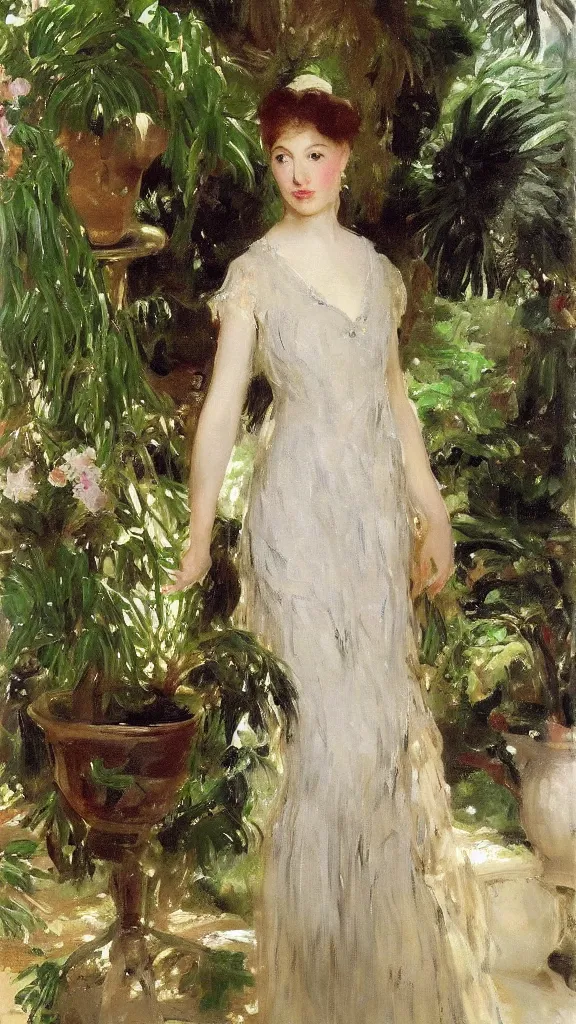 Image similar to beautiful young julee wear a lace dress in a botanical room set near a persian pot and palm treeby john singer sargent