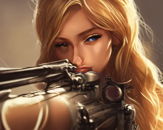 Prompt: closeup of beautiful blonde female sniper aiming at target, award winning sniper photography, extremely detailed, artstation, 8 k, sensual lighting, incredible art, wlop, artgerm, backlit, rim lighting, hi - fructose, cellshading, intricate lineart