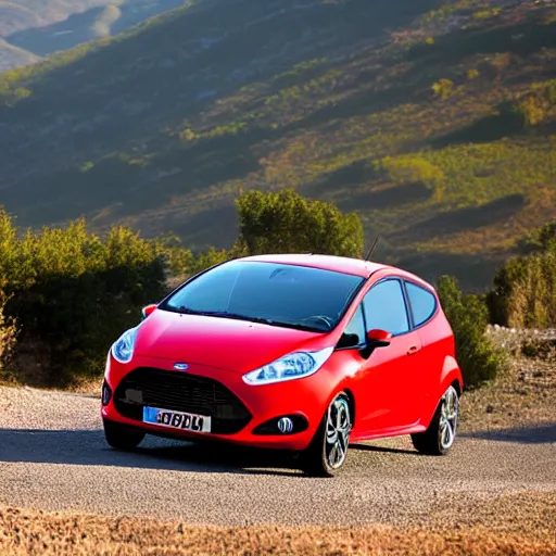 Prompt: red ford fiesta mk 5 zetec on a mountain road, spain, award winning photograph, golden hour